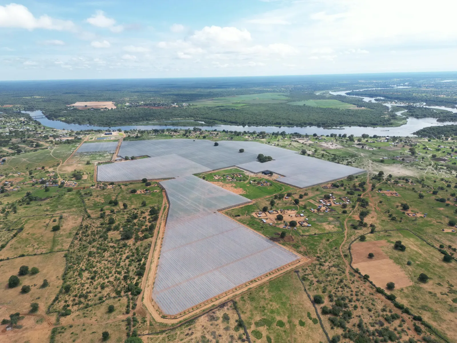 Aerial view of the Namibia Berries farm beside the Okavango river in Divundu
