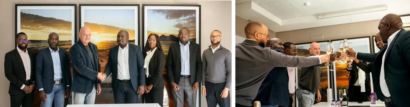 Representatives of Loxworth Capital, Namibia Berries and Eos Capital shaking hands and raising a toast at the signing ceremony