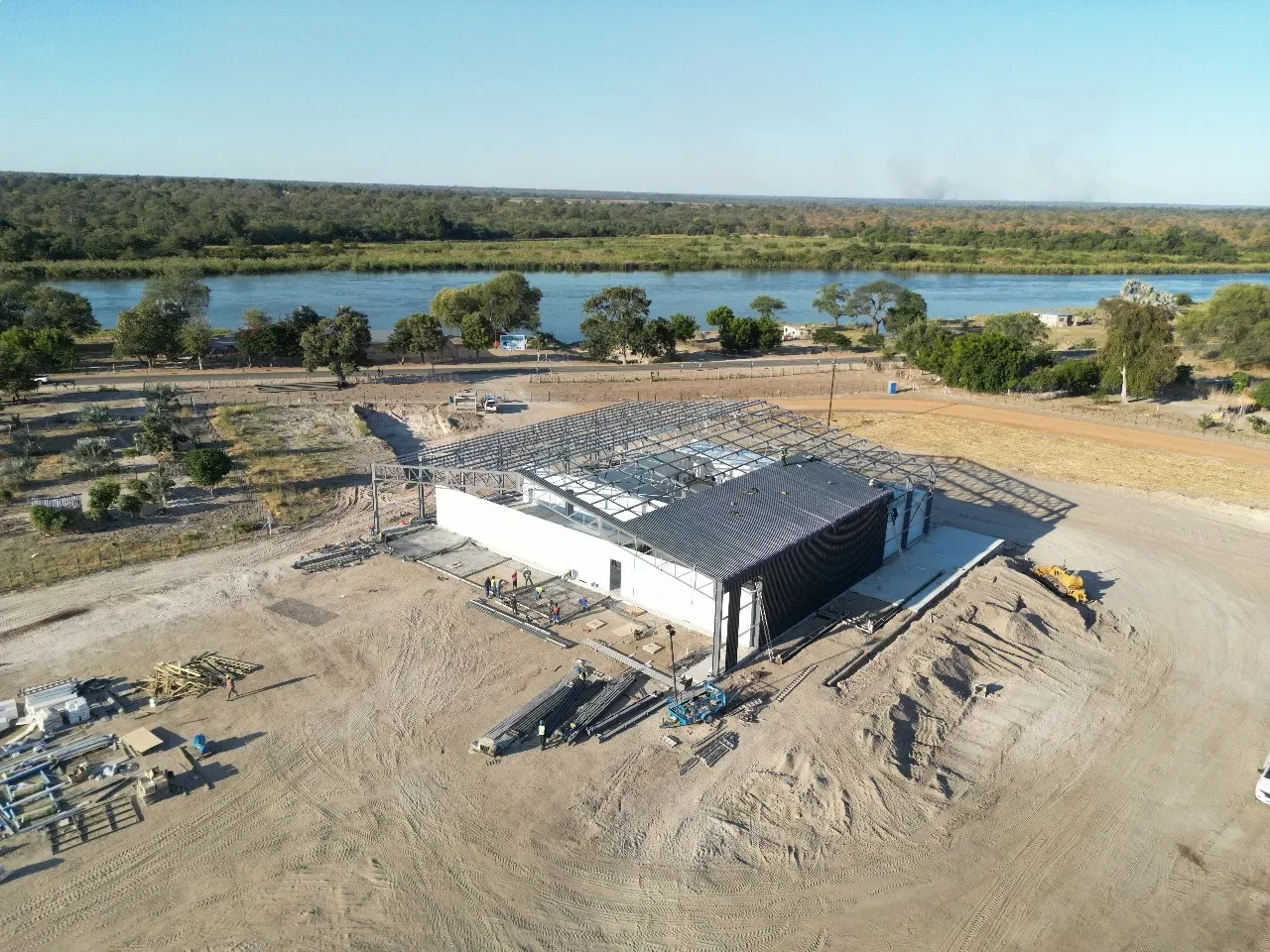 Aerial view of the new cold room under construction beside the Okavango River