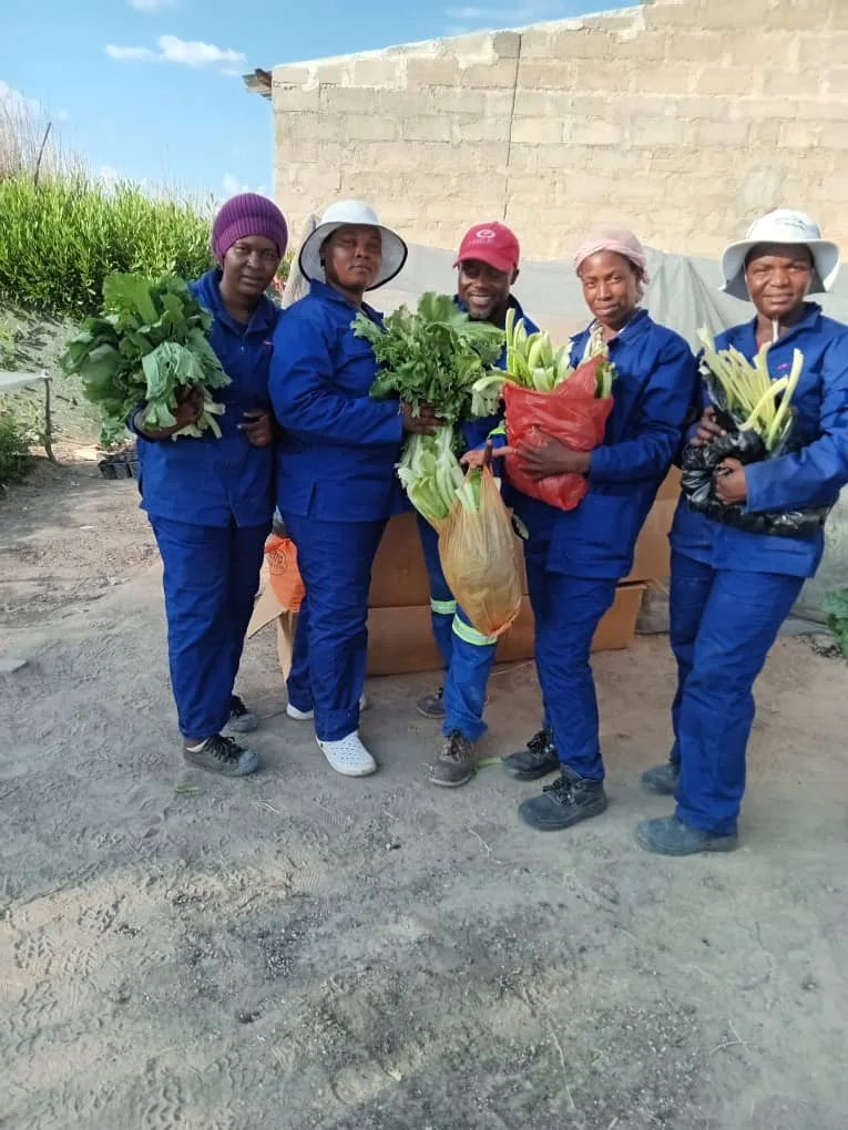 Fünf Frauen in blauen Overalls mit frisch geerntetem Gemüse