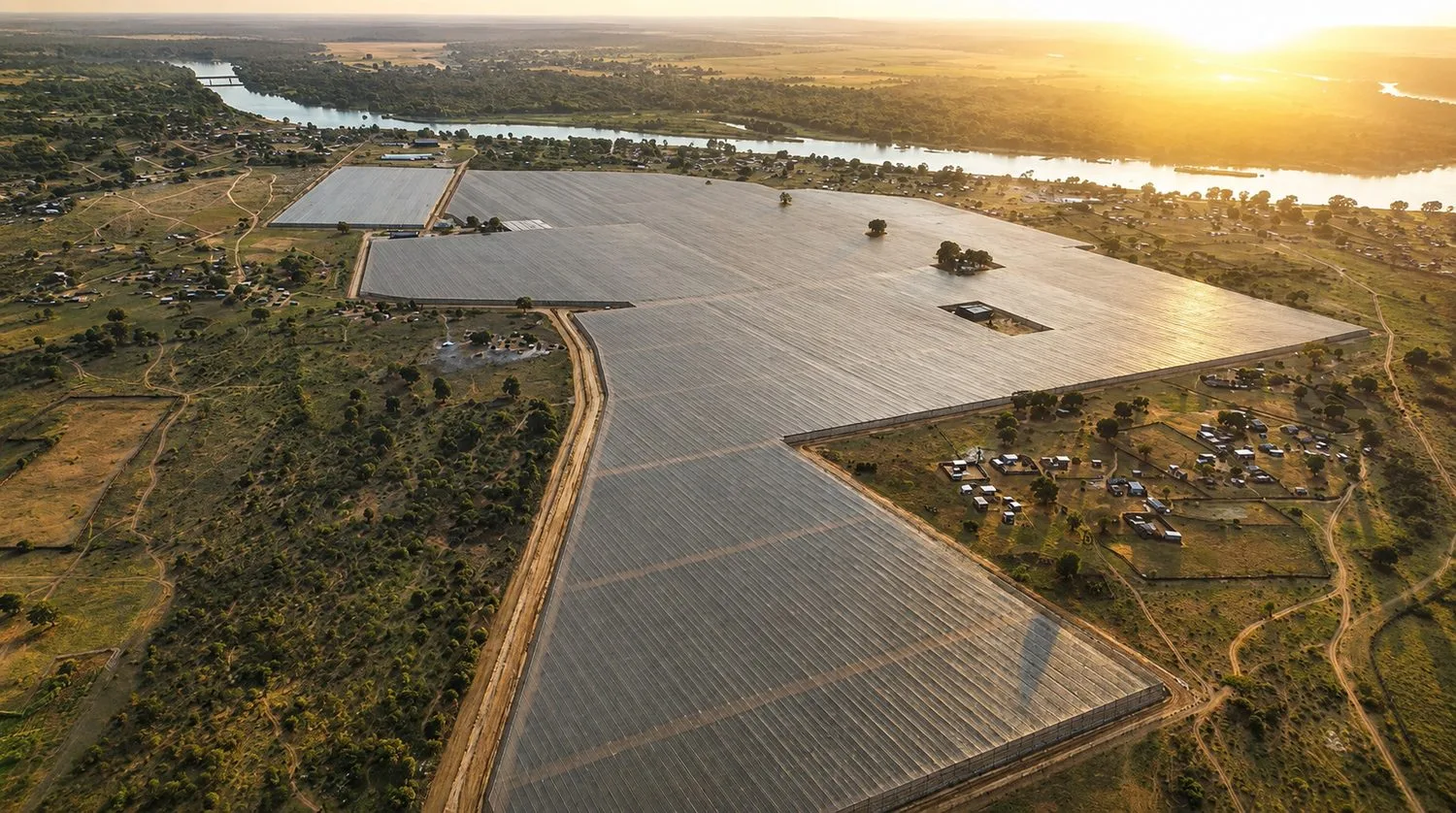 Aerial view at sunset of the Namibia Berries farm beside the Okavango River at Divundu