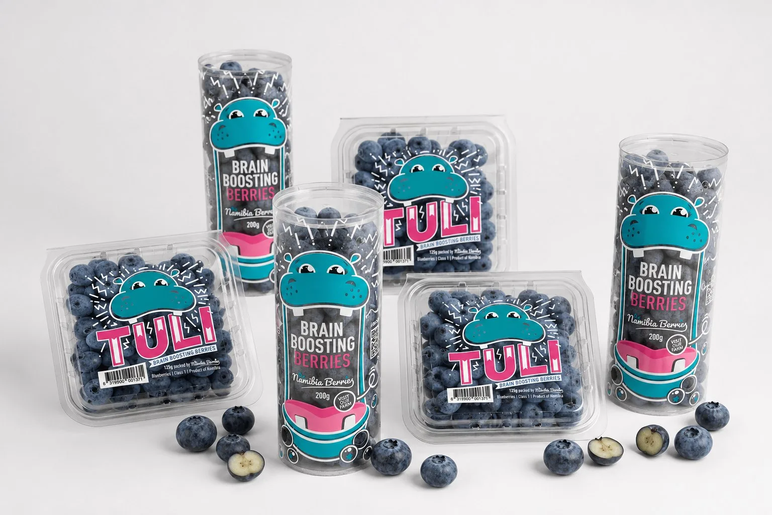 The Namibia Berries Tuli range - premium blueberries in 125g clamshells and 200g tubes